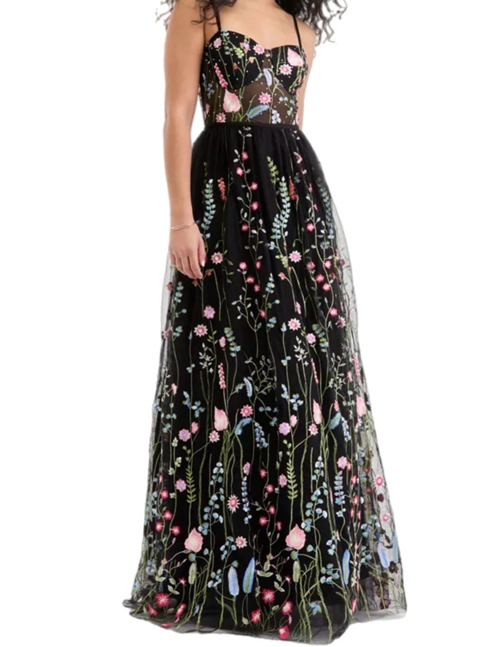 NWT $159 MSRP City Studios Black Floral Embroidered Ball Gown with Mesh Corset